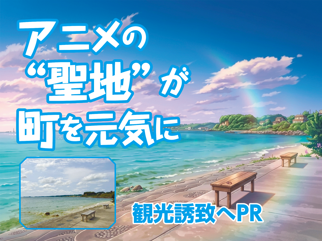 アニメ『沖縄で好きになった子が方言すぎてツラすぎる』の“聖地”として知られる沖縄県うるま市の具志川ビーチ（左下、竹澤安李紗撮影）のアニメ風イラスト