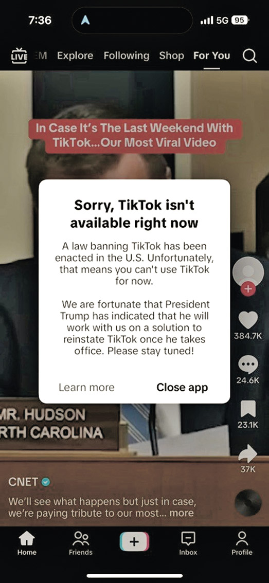 ＴｉｋＴｏｋ（ティックトック）アプリ上で表示されたサービス停止の通知＝１月18日、米カリフォルニア州（時事）