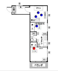 後藤氏が監禁された東京・荻窪のマンション８階の間取り。赤い丸が後藤氏で、青い丸は監視していた家族＝６日開催された特別緊急シンポジウムのＹＯＵＴＵＢＥ公開動画より