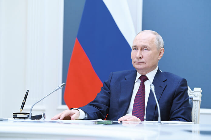７月４日、モスクワのクレムリン（大統領府）からオンラインで、上海協力機構（ＳＣＯ）の首脳会議に出席するロシアのプーチン大統領
