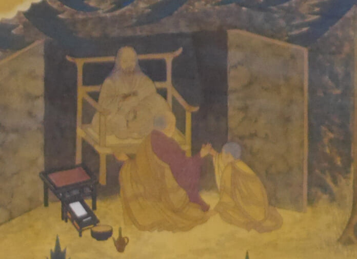 高野山奥之院の廟に弘法大師を訪ねた観賢の絵（部分、高野山讃岐別院）