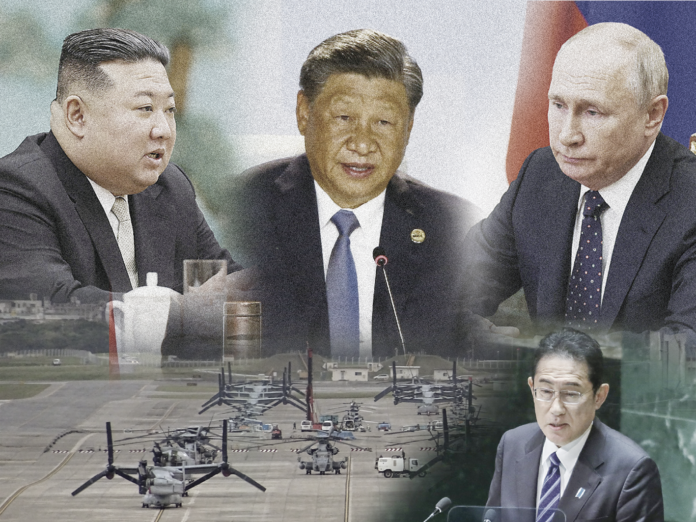 左から金正恩総書記（北朝鮮）、習近平 国家主席（中国）、プーチン大統領（ロシア）。右下、岸田文雄首相（日本）