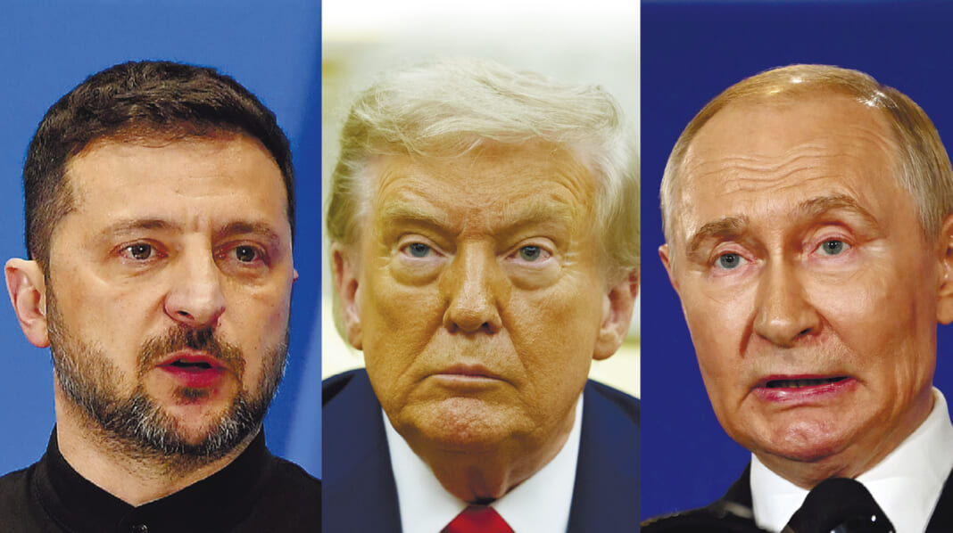 （左から）ウクライナのゼレンスキー大統領（ＥＰＡ時事）、トランプ米大統領（UPI）、ロシアのプーチン大統領（ＡＦＰ時事）